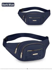 Dark blue multi-layer women's fanny pack featuring a detailed quilted floral pattern