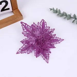 Fleur de Noël artificielle violette scintillante à double couche pour décoration de sapin