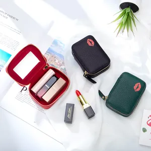 Echtes Leder Mini Lippenstift Tasche Tragbare Kleine Make-up Tasche Mit Spiegel Und Lippenmuster Kosmetiketui Für Damen
