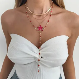 Collier Multi-rangs Style Sweet Ins pour Femmes Plaqué Or Cuivre Alliage de Zinc Rose Bleu Rouge Blanc Pendentif Fleur Strass Chaîne de Cristal Collier de Clavicule Bijoux de Mode