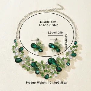 Vintage green crystal butterfly jewelry set showing detailed product dimensions and weight