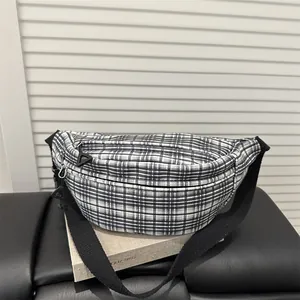 Sac Bandoulière à Carreaux pour Femmes Sac de Poitrine en Toile de Polyester Motif Grille Bandoulière Réglable