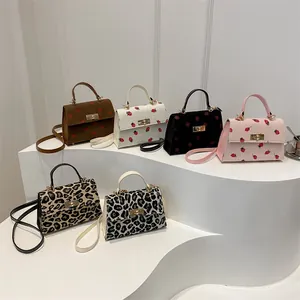 Women Fashion Corduroy Strawberry Leopard Print Crossbody Bag Small Square Shoulder Handbag With Metal Lock For Daily Wear
