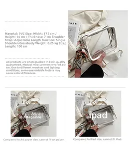 Vue détaillée d'un sac bandoulière en PVC transparent avec sangle blanche et foulard décoratif.