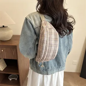 Sac de poitrine à carreaux de style coréen pour femmes, sac banane souple minimaliste