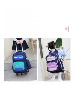 Detail of children's rolling backpack showing trolley handle and shoulder strap modes
