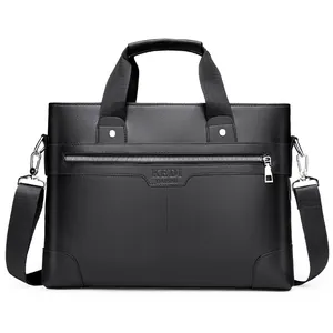 High-quality black leather business briefcase for men with adjustable shoulder strap