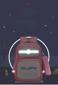 Detail showing high-visibility reflective strips on a pink children's school backpack