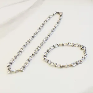 Detail view of stainless steel 8-link chain necklace and bracelet jewelry set
