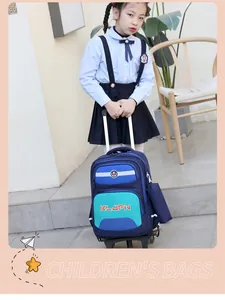 Detail view of a blue rolling schoolbag with silent wheels and a cute school girl