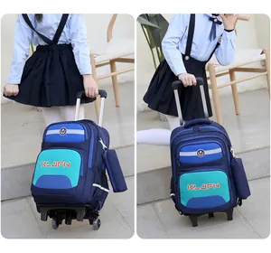 Detail of blue school backpack with trolley wheels for elementary students
