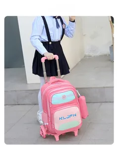 Pink trolley schoolbag with stair-climbing wheels and matching pouch for children