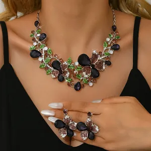 Detailed view of a retro floral butterfly jewelry set with purple rhinestones on a model.