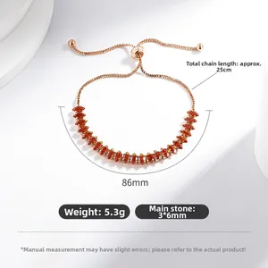 Vue détaillée d'un bracelet réglable avec zircons orange marquise et dimensions