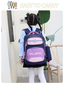 Back view of a primary school girl wearing a navy and pink large capacity schoolbag