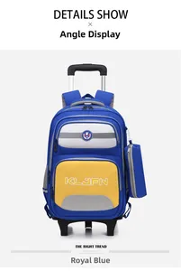 Front view of a blue and yellow primary school trolley backpack with wheels