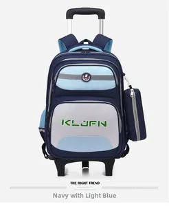 Detailed view of the navy and light blue kids trolley schoolbag with stylish KLUFN logo