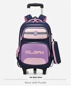 Large capacity navy blue and purple trolley school bag for kids with silent wheels