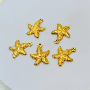 Five gold starfish charms for ocean-themed necklace and bracelet DIY jewelry making