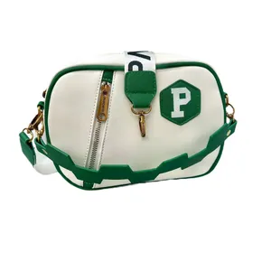 Trendy green and white color-block crossbody bag with P letter patch detail
