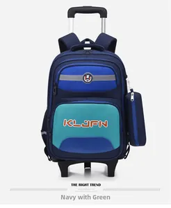 Navy blue and green primary school trolley backpack with silent wheels and handle