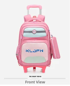 Front view of pink children's rolling backpack with detachable wheels and pencil case