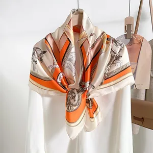 Women Elegant Mulberry Silk Square Scarf Floral Equestrian Printed Silk Satin Neck Scarf Accessory Fashion Scarf Gift