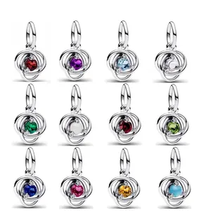 Set of 925 sterling silver birthstone charms with colorful gemstone accents for DIY