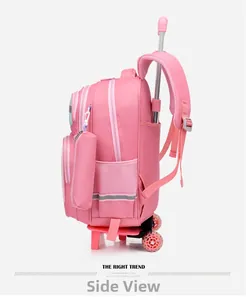 Side view of pink rolling backpack for kids with detachable trolley and silent wheels