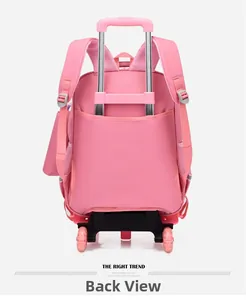 Back view of a pink children's trolley school bag featuring adjustable padded straps