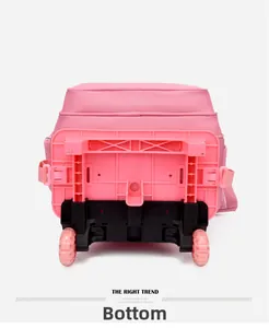Close-up view of the bottom base and silent wheels of the pink trolley schoolbag