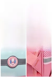 Detailed close-ups of a pink cartoon schoolbag showing reinforced straps and exquisite prints