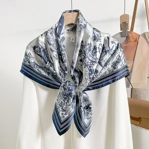 Elegant silk scarf with blue floral Toile de Jouy print for women