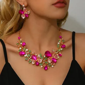 Vintage Butterfly Flower Rhinestone Jewelry For Women Alloy Necklace And Earring Combination Luxurious Banquet Wedding Accessory