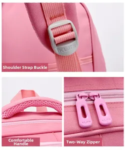 Detail view of pink schoolbag with adjustable buckle, padded handle and double zippers.