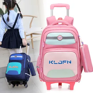 Large capacity pink children's rolling backpack with silent wheels and detachable trolley