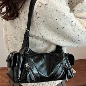 Damen Vintage Weiche PU Leder Biker Achseltasche Mode Spicy Girl Multi-Reißverschluss Multi-Taschen Schultertasche Umhängetasche Handtasche
