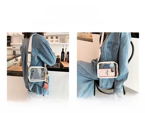 Détail montrant le sac à bandoulière en PVC transparent porté à l'épaule et en travers.