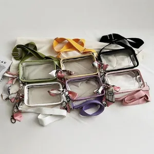 Petit Sac Bandoulière Carré Transparent de Mode Coréenne Sac en Gelée PVC Avec Large Bandoulière et Ornement de Foulard pour Femmes