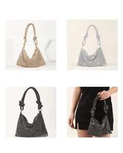 Elegant handmade rhinestone knotted evening bag available in gold, silver, and black colors