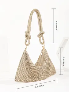 Detailed dimensions of sparkling gold knotted rhinestone hobo dinner bag