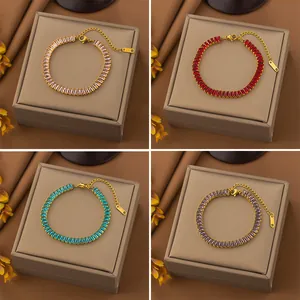 Detailed view of four colorful zircon bracelets in pink, red, blue, and purple tones