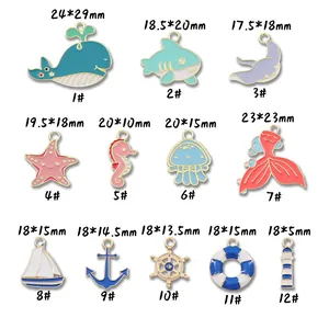 Marine series alloy charms with whale, shark, and anchor patterns and size labels