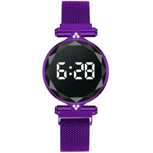 Detailed view of the elegant purple Milanese mesh magnetic strap for this digital watch