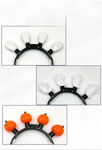 Close-up detail of Halloween LED headbands in pumpkin, ghost, and skull designs.