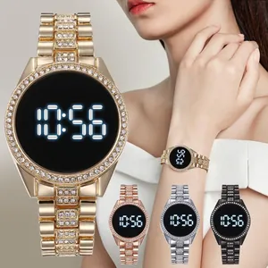 Detailed showcase of women's LED digital watches with rhinestone bezels and various metal finishes.
