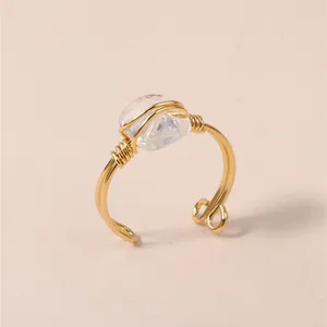 Handmade gold wire-wrapped natural clear crystal stone open ring