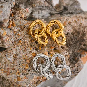 Minimalist gold and silver twisted interlocking double hoop earrings for women