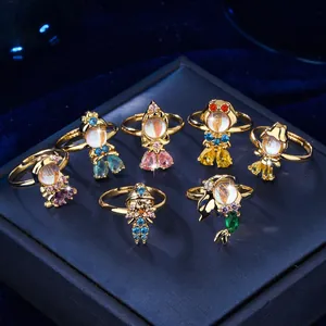 Colorful fairy tale princess rings with iridescent moonstones and sparkling crystals