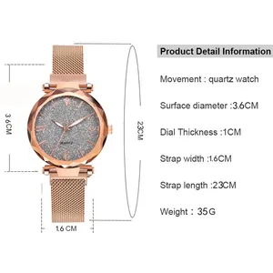 Detailed technical specifications of rose gold women's quartz watch with starry dial